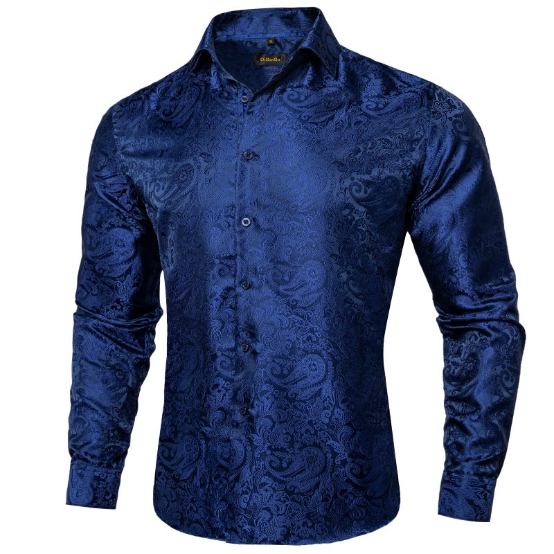 DiBanGu Mens Silk Paisley Dress Shirts,Long Sleeve Button Down Shirt Casual Regular Fit Shirt for Men Wedding Party, Blue, X-Large - Image 2