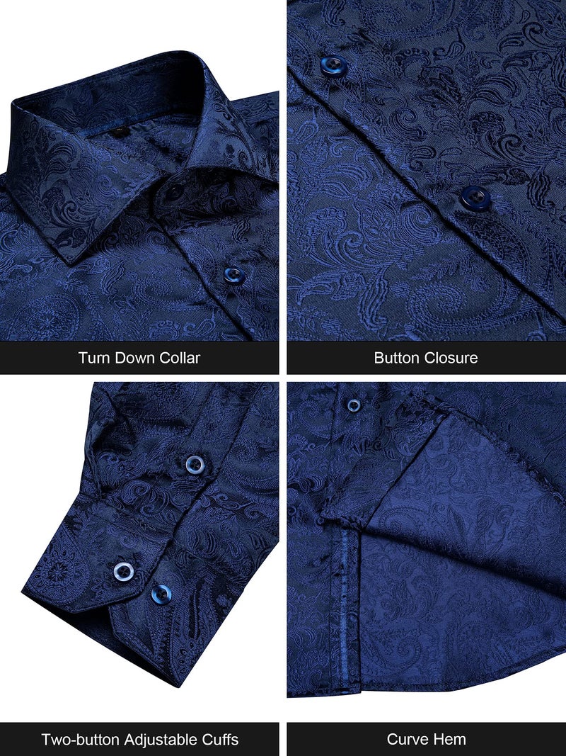 DiBanGu Mens Silk Paisley Dress Shirts,Long Sleeve Button Down Shirt Casual Regular Fit Shirt for Men Wedding Party, Blue, X-Large - Image 4
