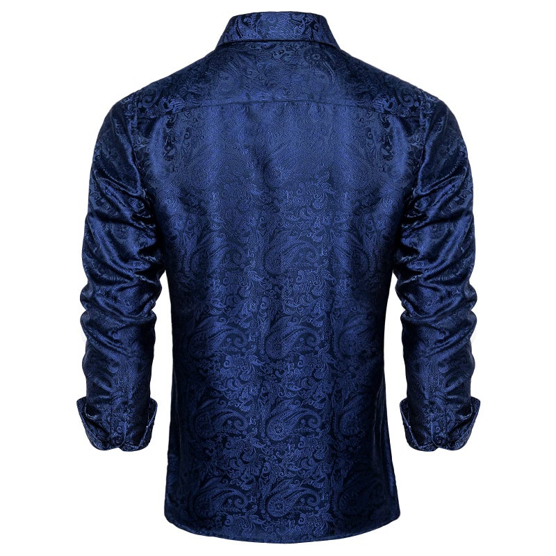 DiBanGu Mens Silk Paisley Dress Shirts,Long Sleeve Button Down Shirt Casual Regular Fit Shirt for Men Wedding Party, Blue, X-Large - Image 3
