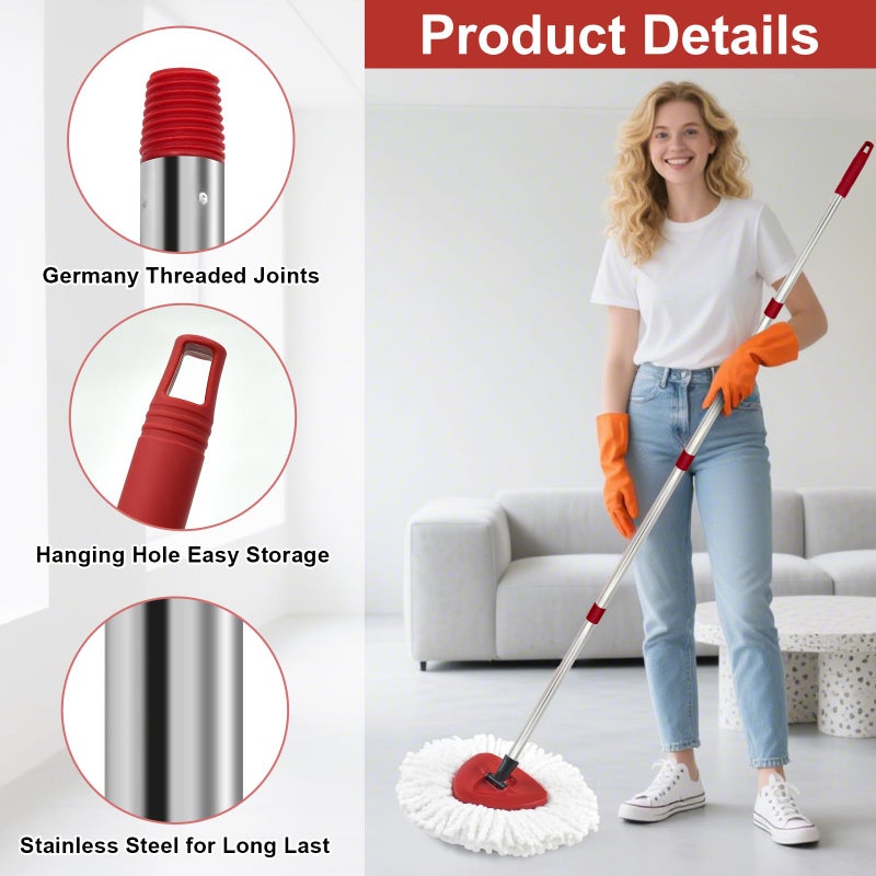 GFRED 4 Section Stainless Spin Mop Replacement Handle for O Cedar Spin Mop Handle for Ocedar Spin Mop Handles Adjustable 30" to 58" Mop Stick Pole to Various Floor Clean, Universal Screw Joint (No Mop Head) - Image 5