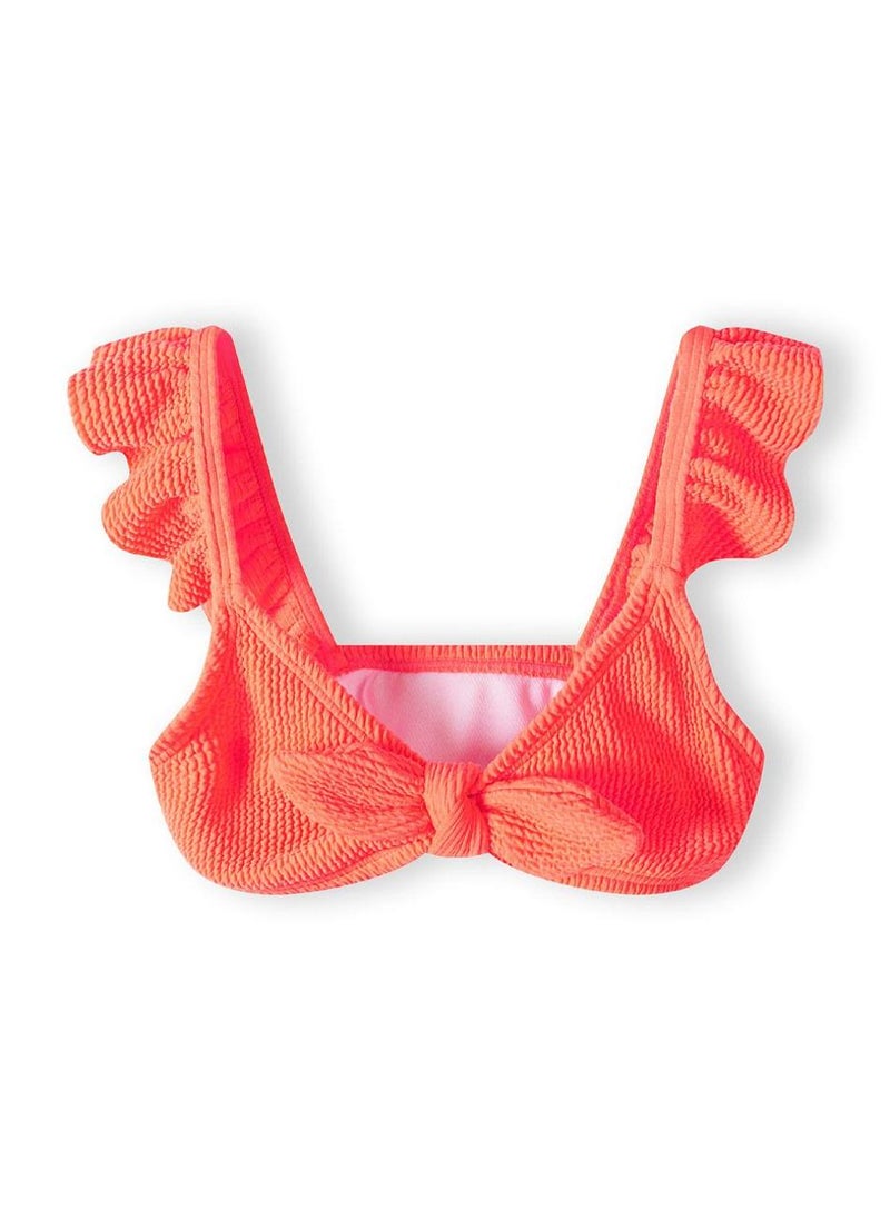MINOTI Girls' Textured Bikini with Ruffle Sleeves and Front Knot – Neon Coral  - Image 3