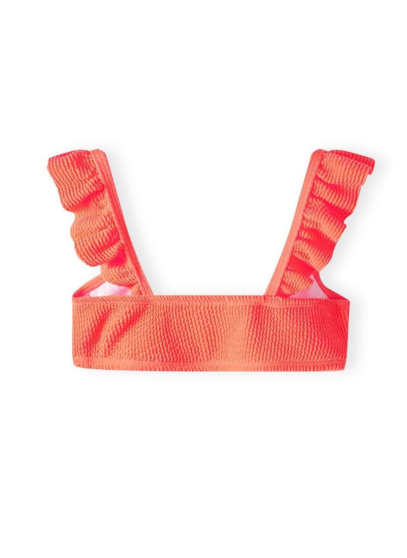 MINOTI Girls' Textured Bikini with Ruffle Sleeves and Front Knot – Neon Coral  - Image 4
