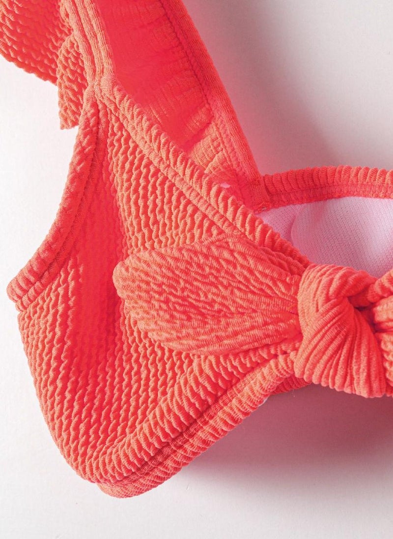 Girls' Textured Bikini with Ruffle Sleeves and Front Knot – Neon Coral