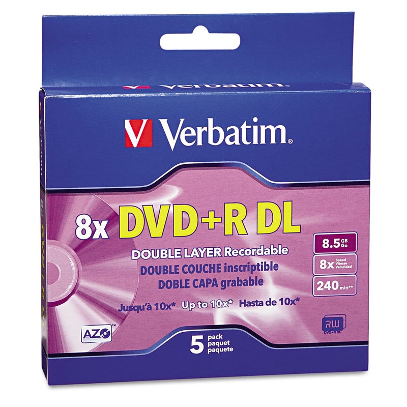 Verbatim DVDR DL 85GB 8X AZO with Branded Surface 5pk Jewel Case Box 95311 Silver