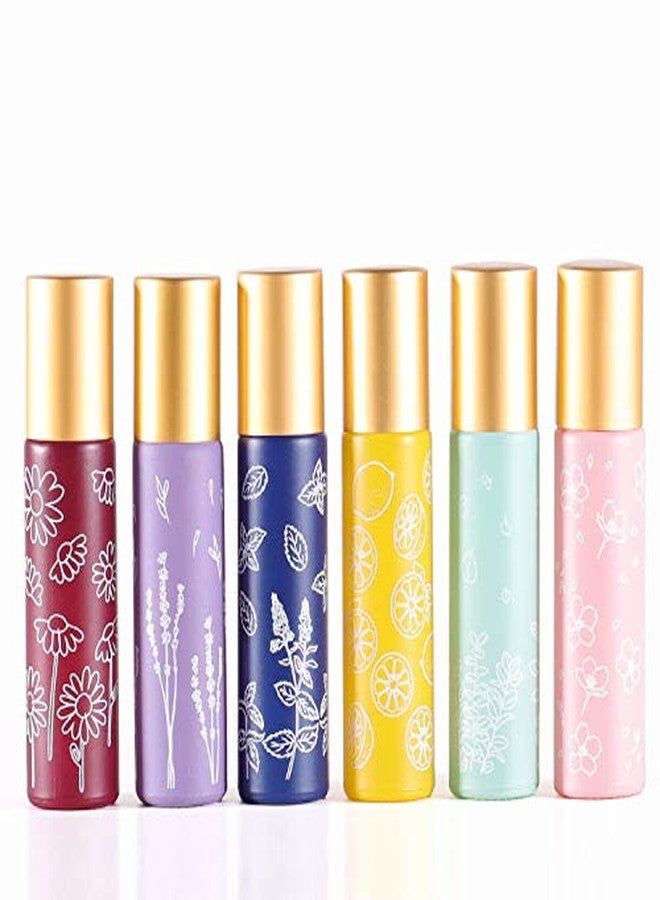 Furnido 6 Pcs 10ml 1/3 Oz Glass Roll On Bottles,Empty Glass Roller Bottles With Stainless Steel Roller Balls,Golden Aluminum Lid-6 Printed Flower Style Travel Vial Container - Image 1