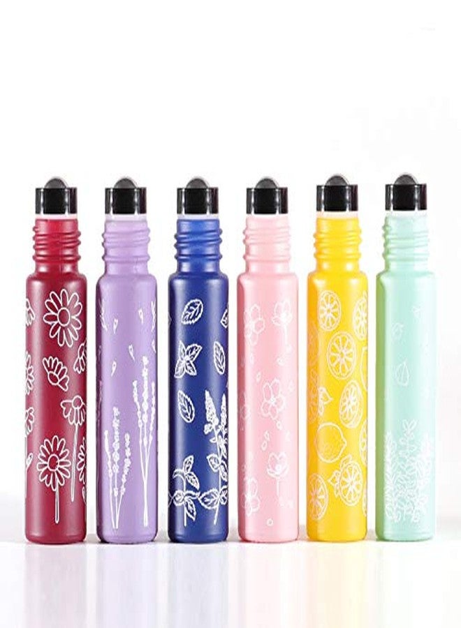Furnido 6 Pcs 10ml 1/3 Oz Glass Roll On Bottles,Empty Glass Roller Bottles With Stainless Steel Roller Balls,Golden Aluminum Lid-6 Printed Flower Style Travel Vial Container - Image 2