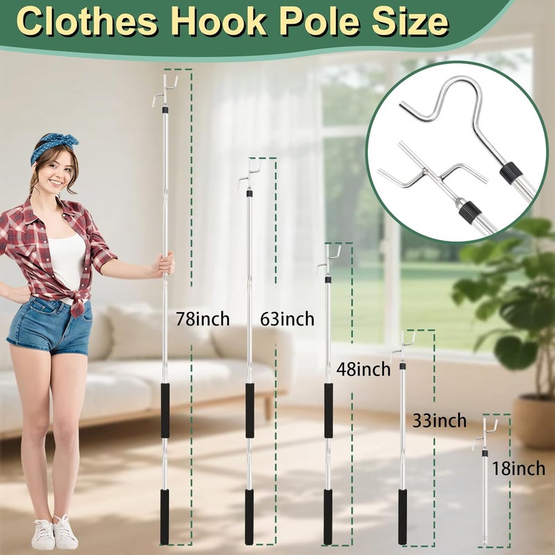 Frebuta Clothes Hook Pole,33 to 80Inch Clothes Hanger Reaching Hook Long Light Hanging Extension Adjustable Clothes Rod Assist Tool Sponge Handle Shutters Pole Ceiling Home Reacher Poles (80in) - Image 2
