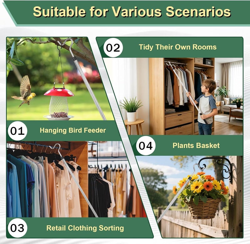Frebuta Clothes Hook Pole,33 to 80Inch Clothes Hanger Reaching Hook Long Light Hanging Extension Adjustable Clothes Rod Assist Tool Sponge Handle Shutters Pole Ceiling Home Reacher Poles (80in) - Image 5
