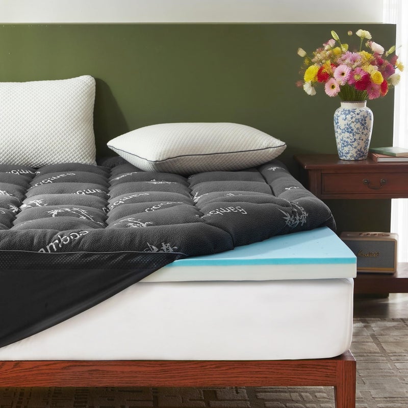 BEDLORE 4 Inch Memory Foam Mattress Topper King,2-in-1 Dual Layer Design (2" Gel Memory Foam + 2" Plush Pillow Top Cover) Mattress Topper Medium-Firm,Pressure Relief & Back Pain Support(Dark Gray) - Image 1