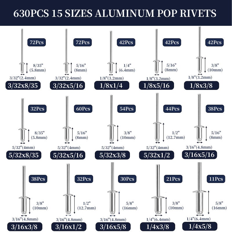 ZQZ 630Pcs Aluminum Pop Rivets Assortment Kit, 15 Sizes Silver Rivets with 3/32" 1/8" 5/32" 3/16" 1/4" Blind Rivets, Assorted Pop Rivets Set - Image 2