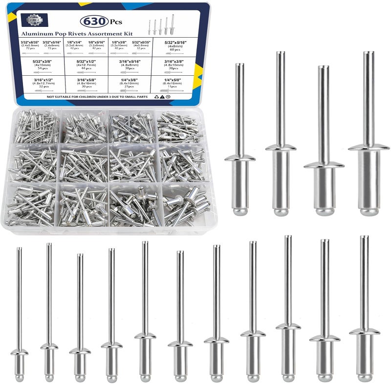 ZQZ 630Pcs Aluminum Pop Rivets Assortment Kit, 15 Sizes Silver Rivets with 3/32" 1/8" 5/32" 3/16" 1/4" Blind Rivets, Assorted Pop Rivets Set - Image 1