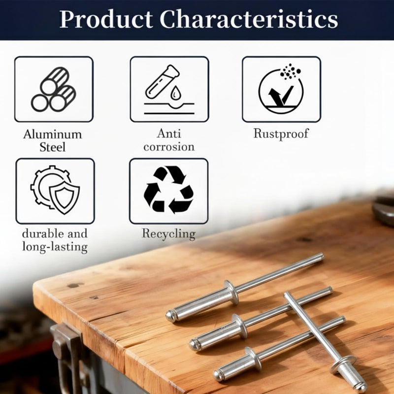 ZQZ 630Pcs Aluminum Pop Rivets Assortment Kit, 15 Sizes Silver Rivets with 3/32" 1/8" 5/32" 3/16" 1/4" Blind Rivets, Assorted Pop Rivets Set - Image 4