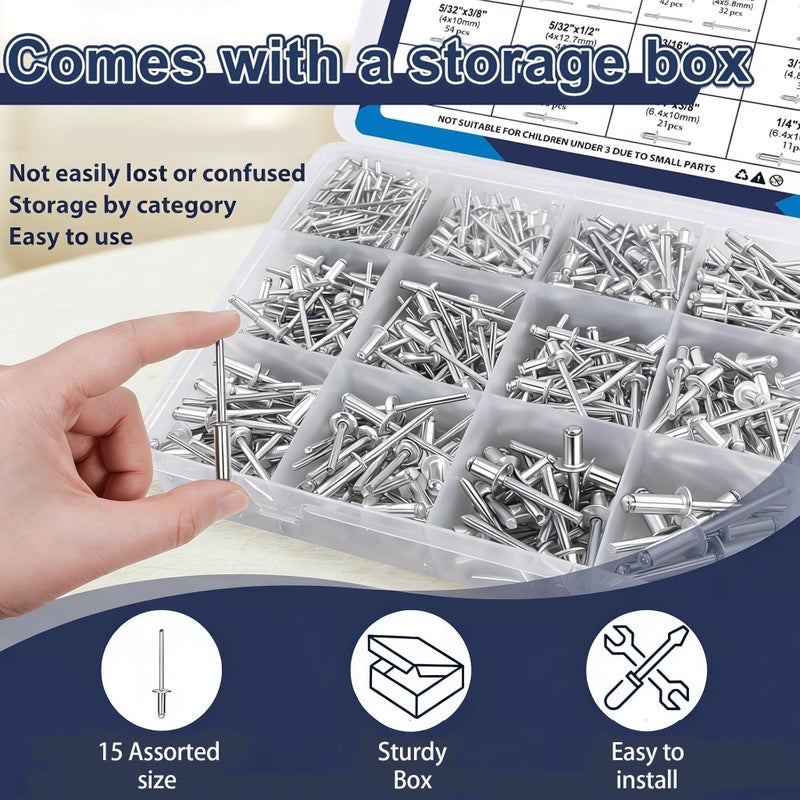 ZQZ 630Pcs Aluminum Pop Rivets Assortment Kit, 15 Sizes Silver Rivets with 3/32" 1/8" 5/32" 3/16" 1/4" Blind Rivets, Assorted Pop Rivets Set - Image 5