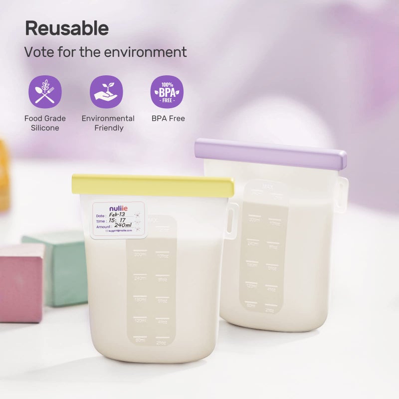 Nuliie 7 Pcs Reusable Silicone Breastmilk Storage Bags, 12oz/360ml Double Leak-Proof, BPA Free Self-Standing Milk Bags for Breastfeeding, Baby Food Pouches - Image 5
