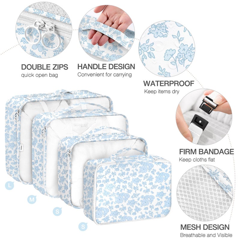 Hatisan 8 Set Packing Cubes for Suitcases,Packing Cube with Shoe, Cosmetics, Clothing, and Accessories Bags Packing Cubes for Travel Luggage Organizer Women Men(Blue Flowers) - Image 3