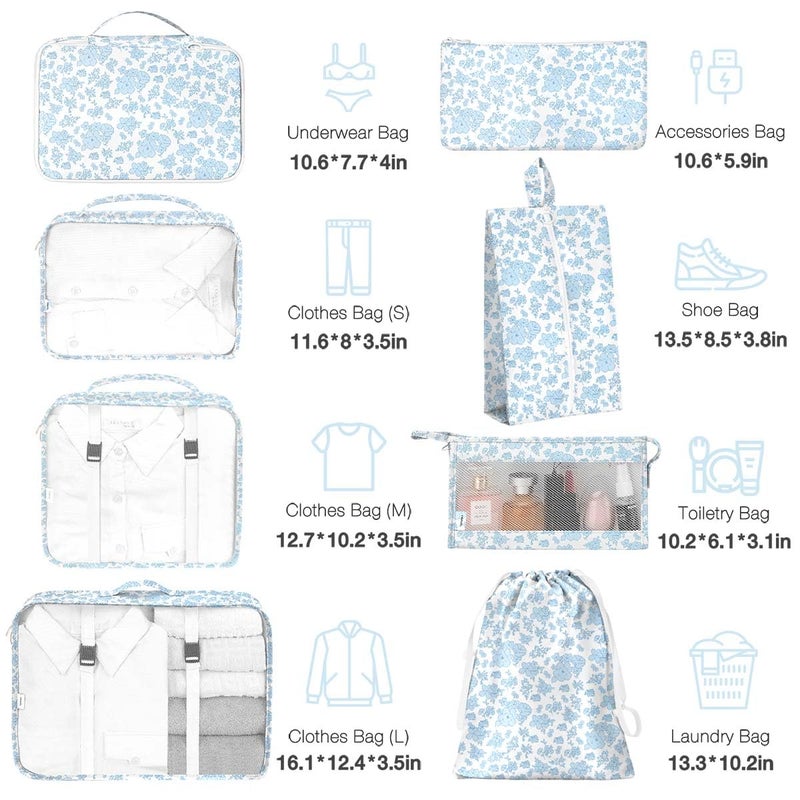 Hatisan 8 Set Packing Cubes for Suitcases,Packing Cube with Shoe, Cosmetics, Clothing, and Accessories Bags Packing Cubes for Travel Luggage Organizer Women Men(Blue Flowers) - Image 2