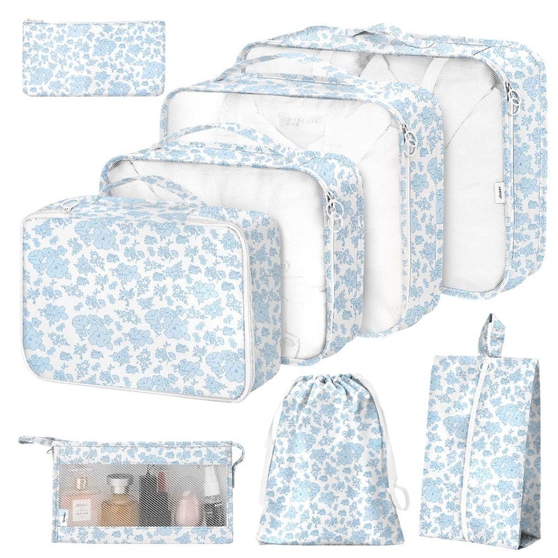 Hatisan 8 Set Packing Cubes for Suitcases,Packing Cube with Shoe, Cosmetics, Clothing, and Accessories Bags Packing Cubes for Travel Luggage Organizer Women Men(Blue Flowers) - Image 1