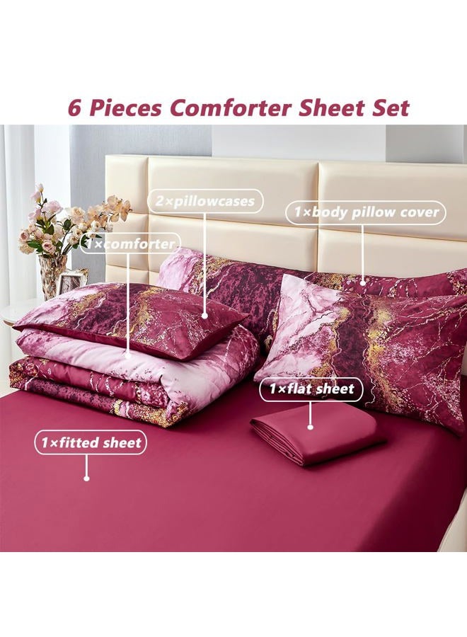PERFEMET King Size Bed in A Bag Burgundy Watercolor Marble Printed Bed Set with Sheets Aesthetic Retro Artwork Style Dark Red Bed Quilt Set for All Season(Burgundy, King) - Image 3