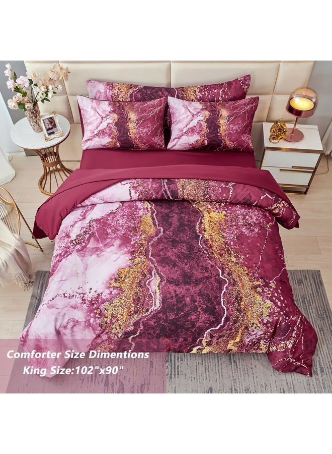 PERFEMET King Size Bed in A Bag Burgundy Watercolor Marble Printed Bed Set with Sheets Aesthetic Retro Artwork Style Dark Red Bed Quilt Set for All Season(Burgundy, King) - Image 4