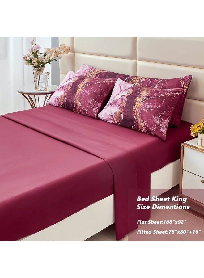 PERFEMET King Size Bed in A Bag Burgundy Watercolor Marble Printed Bed Set with Sheets Aesthetic Retro Artwork Style Dark Red Bed Quilt Set for All Season(Burgundy, King) - Image 5