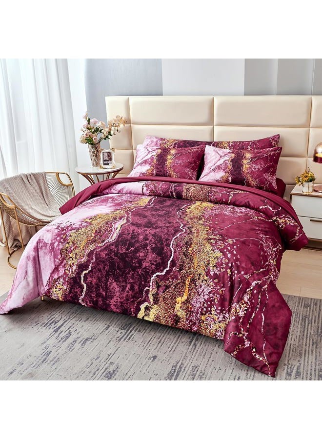 PERFEMET King Size Bed in A Bag Burgundy Watercolor Marble Printed Bed Set with Sheets Aesthetic Retro Artwork Style Dark Red Bed Quilt Set for All Season(Burgundy, King) - Image 1
