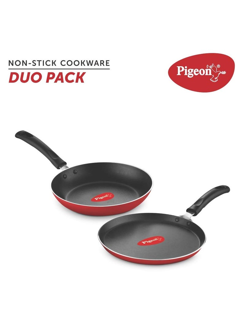 pigeon Pigeon Aluminium Nonstick Duo Pack Flat Tawa 250 and Fry Pan 200 Gift Set (Red)  - Image 2