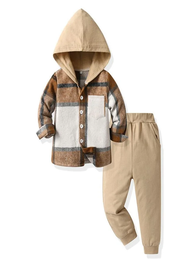 تايك تو Take Two Boys Brown Checked Hooded Shirt and Jogger Set
