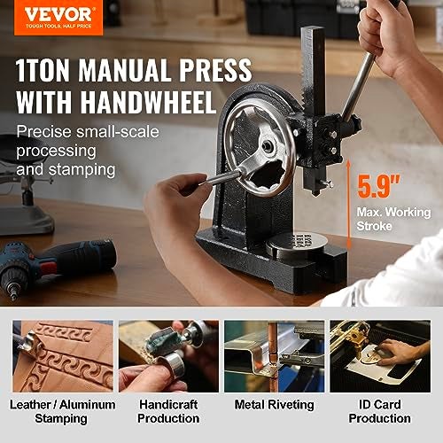 VEVOR Arbor Press, 1 Ton Manual Arbor Press with Handwheel, 5.9" Maximum Height, Cast Iron Heavy-duty Manual Desktop Arbor Press, Precision Hand Press for Stamping, Bending, Stretching, Forming - Image 2