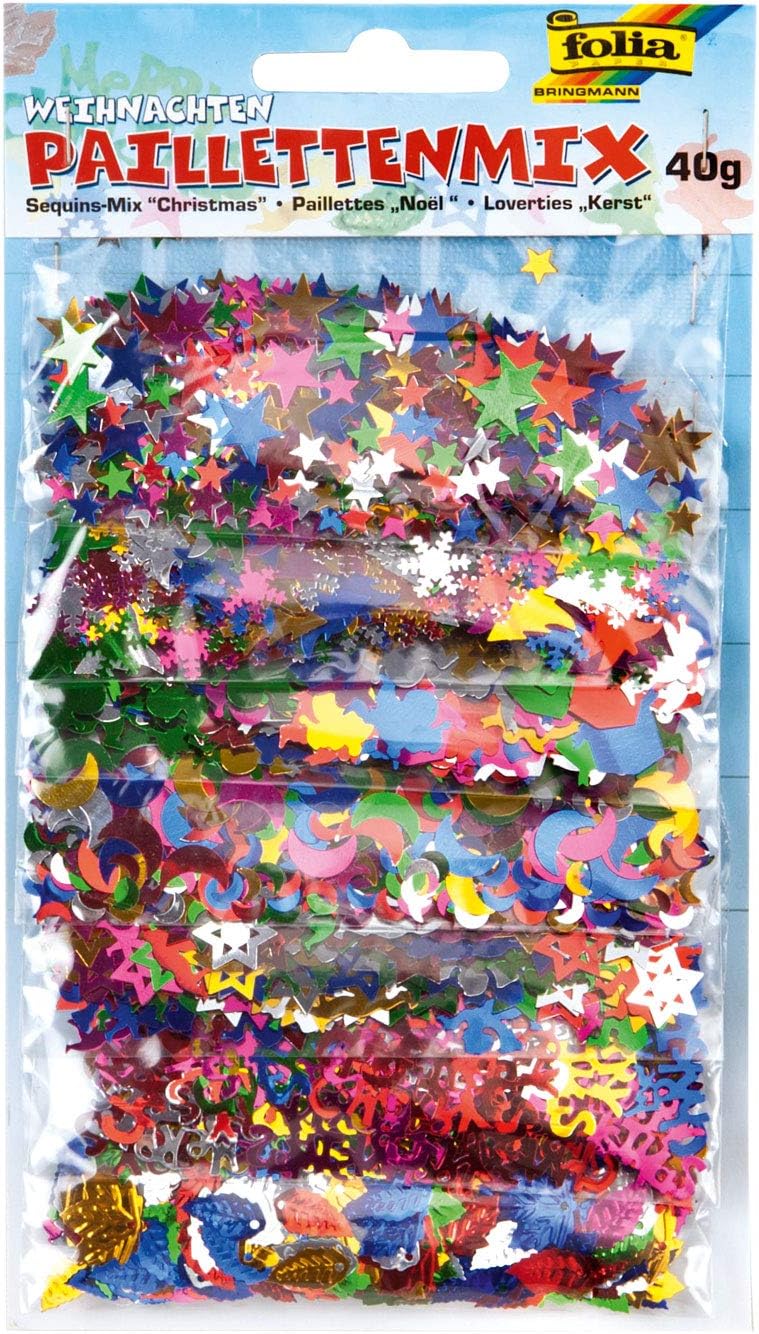 Folia Sequins X-Mas 40gm Assorted, Christmas-themed sequins: small stars, flakes, cherubs, moons, decorative stars, leaflets... different sizes.(Blue, green, gold, Silver, Pink, Red)