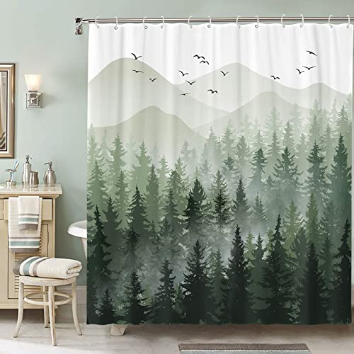 Accnicc Green Misty Forest Shower Curtain Ombre Sage Green White Mountain Pine Tree Waterproof Fabric Shower Curtains for Bathroom Nature Woodland Decorative Modern Bath Curtain Decor 72×72 Inches - Image 4