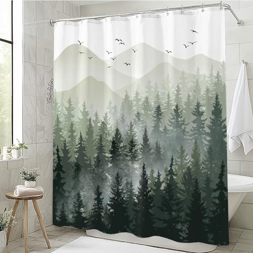 Accnicc Green Misty Forest Shower Curtain Ombre Sage Green White Mountain Pine Tree Waterproof Fabric Shower Curtains for Bathroom Nature Woodland Decorative Modern Bath Curtain Decor 72×72 Inches - Image 3
