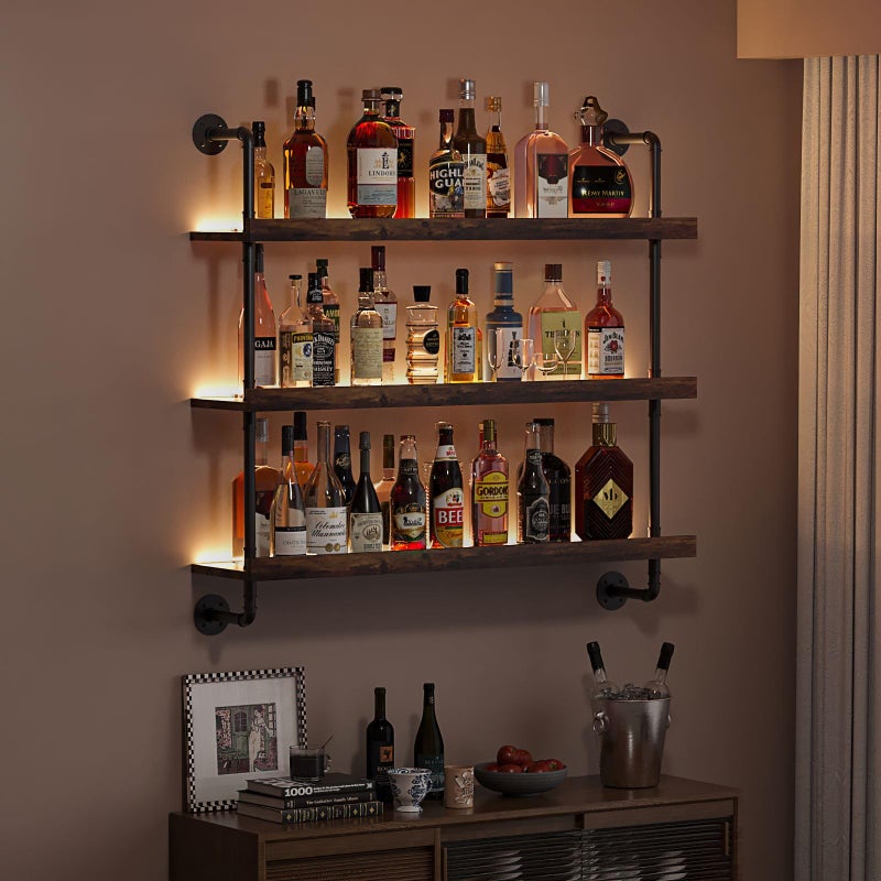 Woskar 3-Tier Wall Mounted Wine Rack with LED,Liquor Bottles Floating Shelves Display Storage Organizer for Home Bar Dining Room Kitchen (31.5" W x 47.2" H) - Image 3