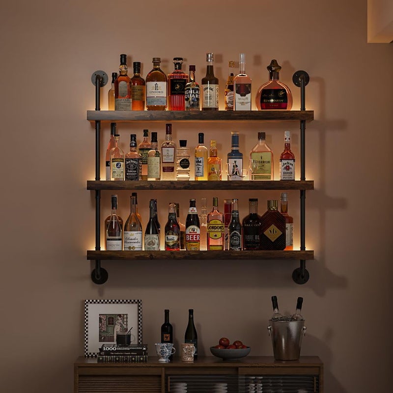Woskar 3-Tier Wall Mounted Wine Rack with LED,Liquor Bottles Floating Shelves Display Storage Organizer for Home Bar Dining Room Kitchen (31.5" W x 47.2" H) - Image 1