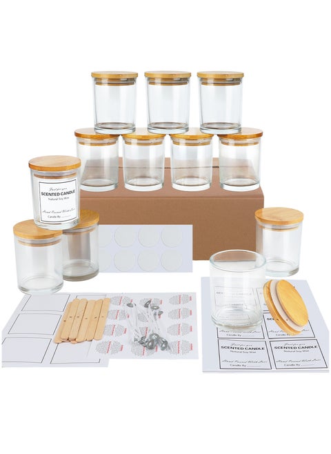12 Pack 8oz Clear Glass Candle Jars with Bamboo Lids – Complete DIY Candle Making Kit with Wicks, Wick Stickers, Wick Holders & 2 Sets of Labels (Custom & Blank) for Candle Crafting
