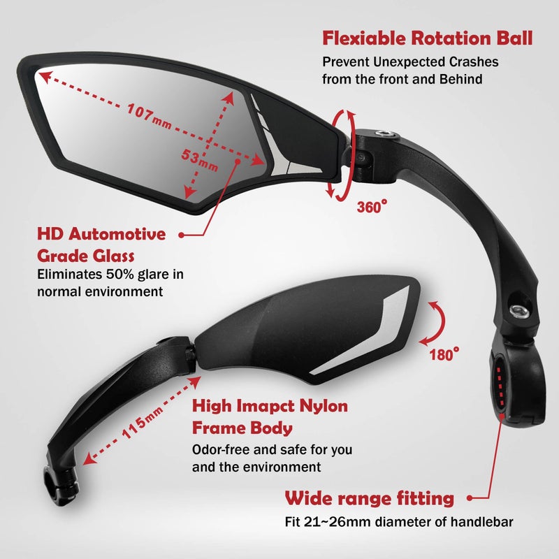 Hafny Handlebar Bike Mirror â€“ HD Glass, Wide Angle, Adjustable 360Â° Rear View â€“ Shatterproof, Anti-Glare, Premium, MTB, E-Bike, and Commuter Cycling Safety, HF-MR095 - Image 2