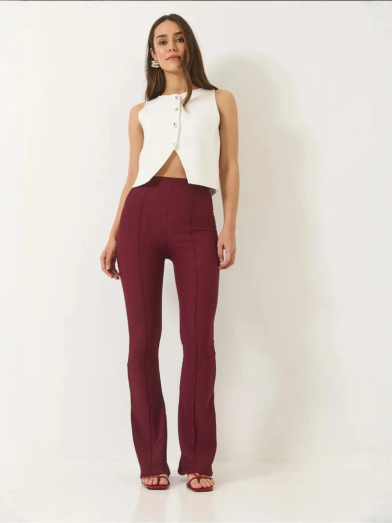 Bianco Lucci LUCCI High Waist Flared Pants with Ribbed Texture