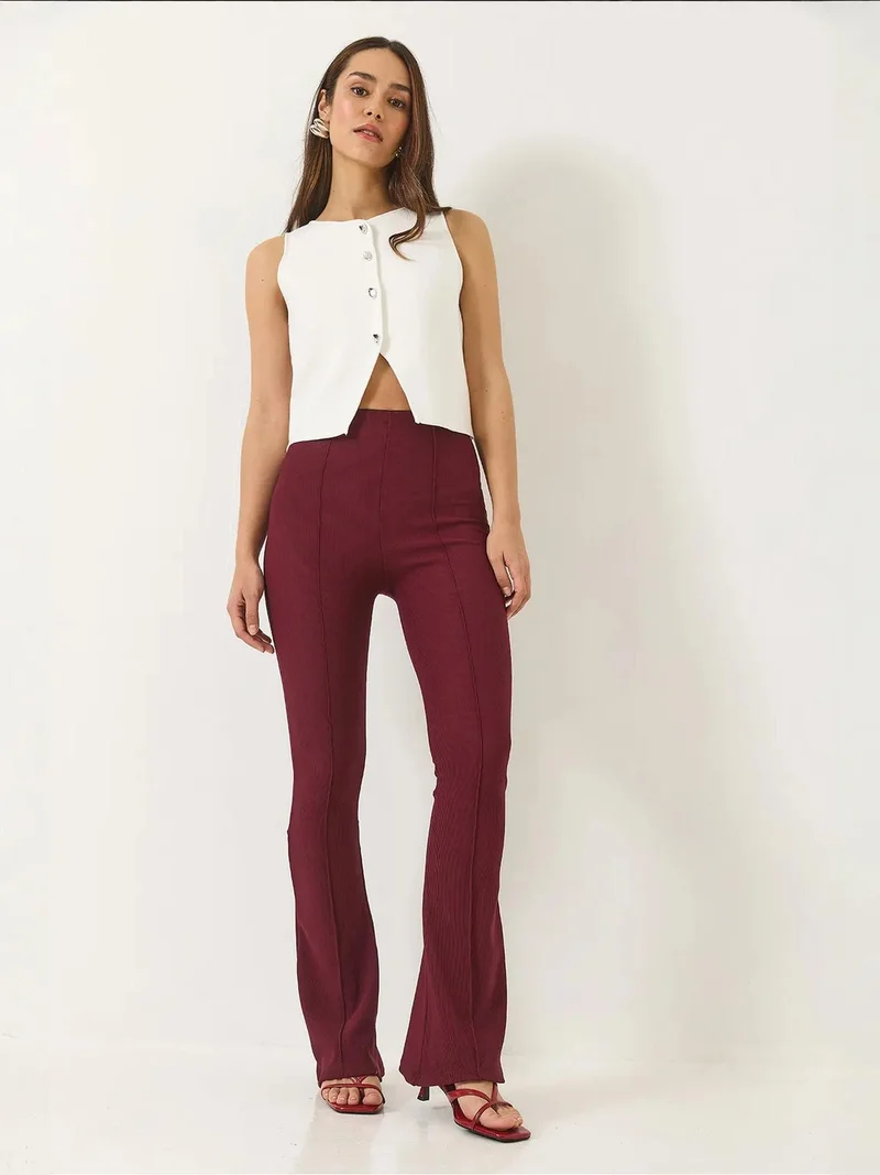 Bianco Lucci LUCCI High Waist Flared Pants with Ribbed Texture