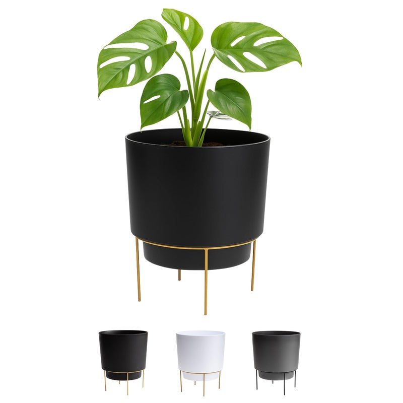 Bloem Hopson Decorative Resin Cachepot with Metal Stand, 6" Indoor and Outdoor Planter with Gold Metal Stand, Black - Image 1