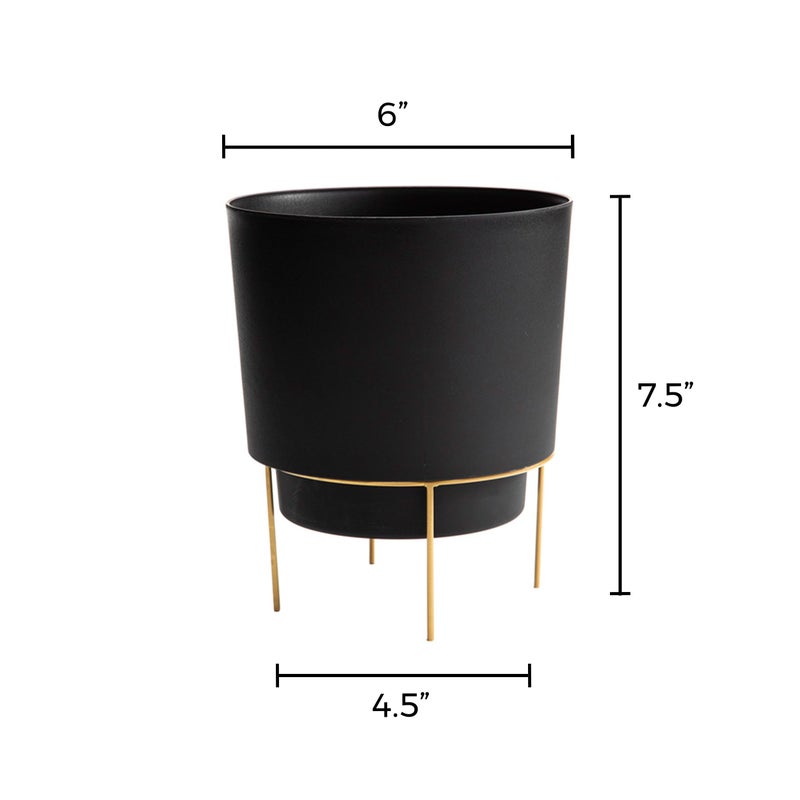 Bloem Hopson Decorative Resin Cachepot with Metal Stand, 6" Indoor and Outdoor Planter with Gold Metal Stand, Black - Image 3
