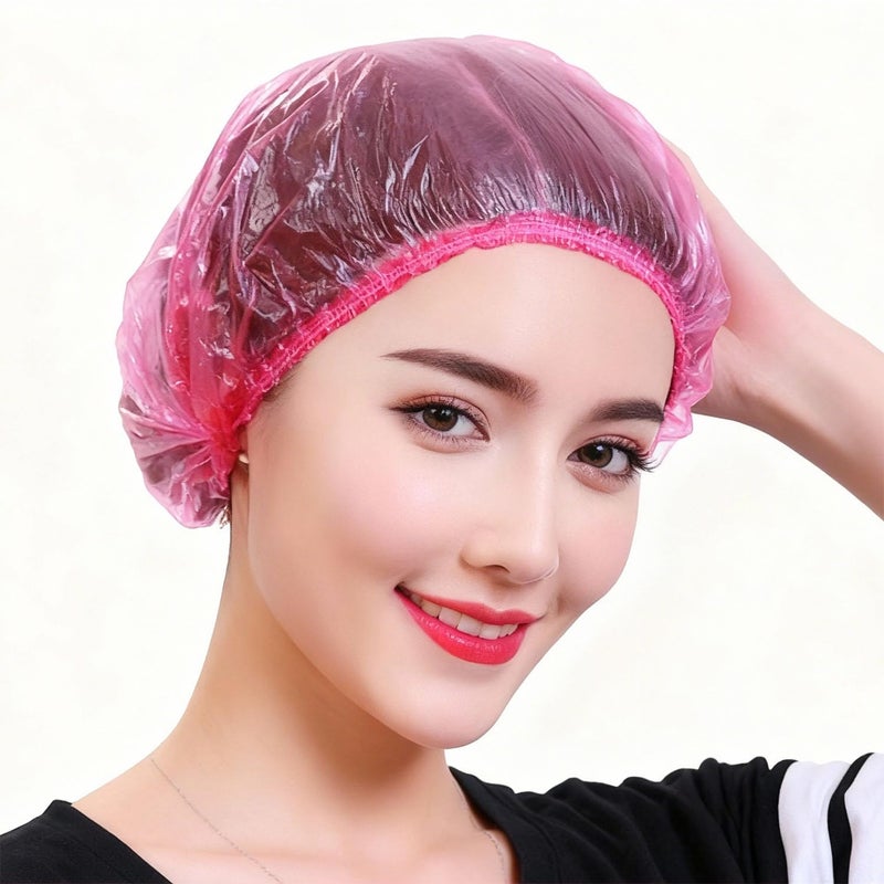 MISSJOJIAY 200 PCS Disposable Shower Caps Thickened Waterproof Hair Bath Caps for Women Men Girls Travel Spa Hotel Home Use Salon - Multi-Purpose Elastic Plastic Shower Caps, Essentials Accessories 18.1" (Pink) - Image 1