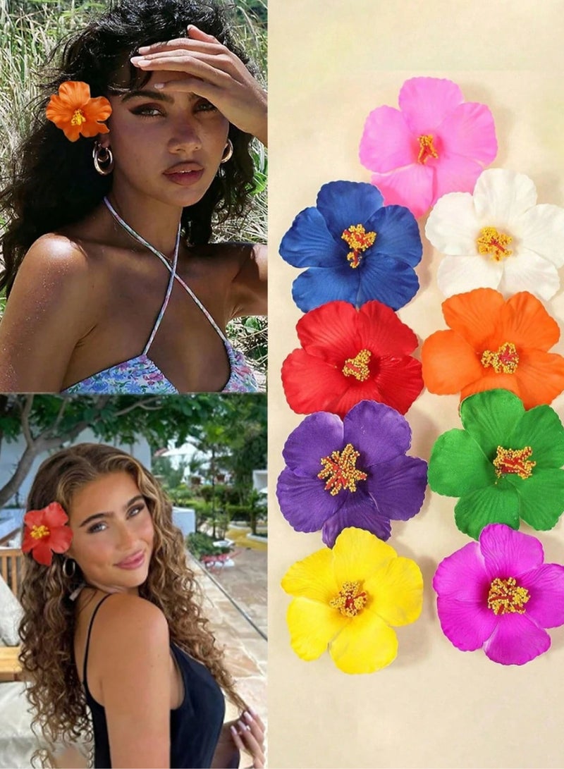 Hawaiian flower hair clips suitable for beach trips, summer parties, and pool events. Available in vibrant colors. Set of 9 pieces. - Image 1