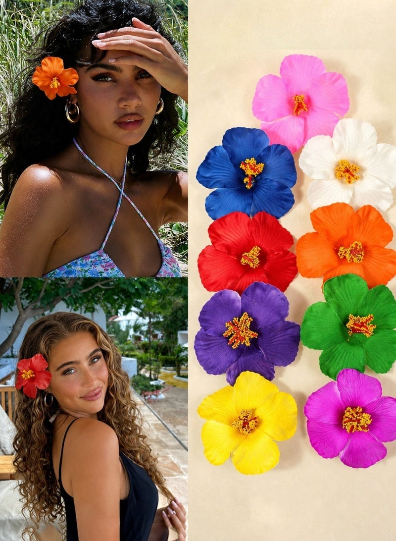 Hawaiian flower hair clips suitable for beach trips, summer parties, and pool events. Available in vibrant colors. Set of 9 pieces. - Image 1