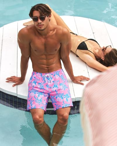 SURF CUZ Mens Swim Trunks with Compression Liner Quick Dry Swim Shorts 7" Swimming Trunks Stretch Zipper Pockets Pink Blue Turtles Large - Image 3