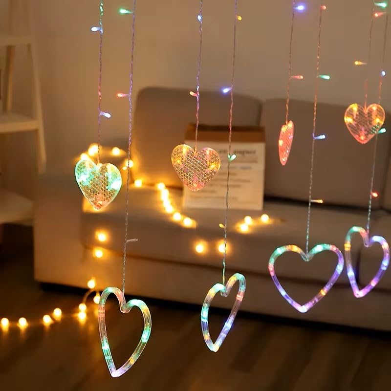 HUMAIZAR Heart Curtain LED Lights Fairy String Garland for Valentine’s Day, Christmas, Wedding, Party & Home Décor Heart-Shaped Decoration Lights for New Year & Festive Decor, 12 PCS - Multicolor - Image 3
