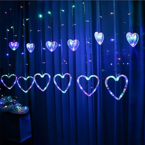 HUMAIZAR Heart Curtain LED Lights Fairy String Garland for Valentine’s Day, Christmas, Wedding, Party & Home Décor Heart-Shaped Decoration Lights for New Year & Festive Decor, 12 PCS - Multicolor - Image 1