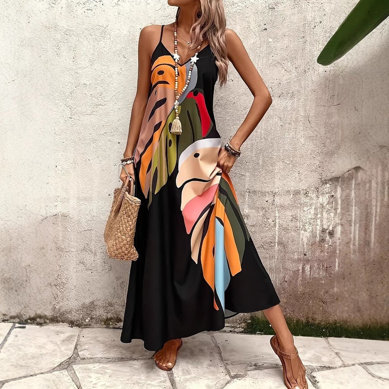 Women's V-Neck Sleeveless Printed Maxi Dress Summer Casual - Image 1