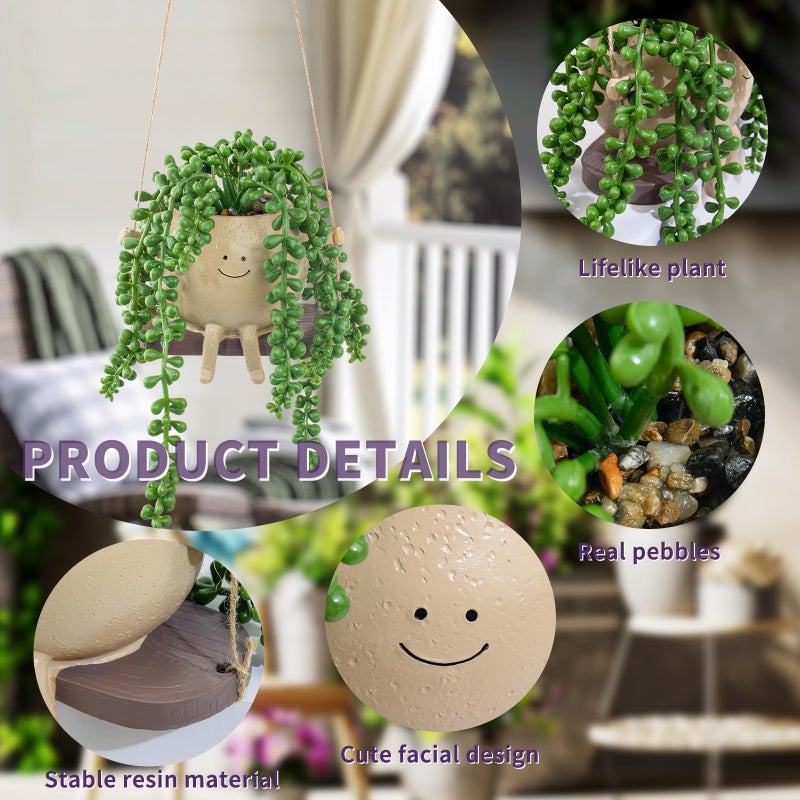 LUZOGA Artificial Hanging String of Pearls Succulent in Cute Smiley Face Swing Planter, Fake Trailing Succulent Plant for Indoor Outdoor Home Wall & Window Decor | Includes Hanging Hook - Image 3