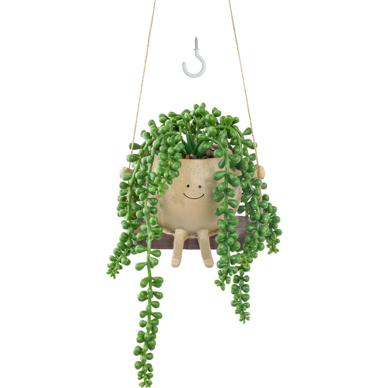 LUZOGA Artificial Hanging String of Pearls Succulent in Cute Smiley Face Swing Planter, Fake Trailing Succulent Plant for Indoor Outdoor Home Wall & Window Decor | Includes Hanging Hook - Image 1