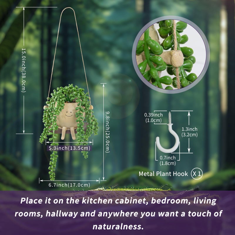 LUZOGA Artificial Hanging String of Pearls Succulent in Cute Smiley Face Swing Planter, Fake Trailing Succulent Plant for Indoor Outdoor Home Wall & Window Decor | Includes Hanging Hook - Image 2