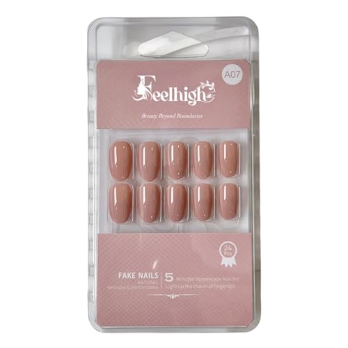 Feelhigh 24 Press On Nails - Natural Reusable Stick On Tips, Salon-Like Jelly Glue False Nails for Women Girls - 12 Sizes Kit (7) - Image 1